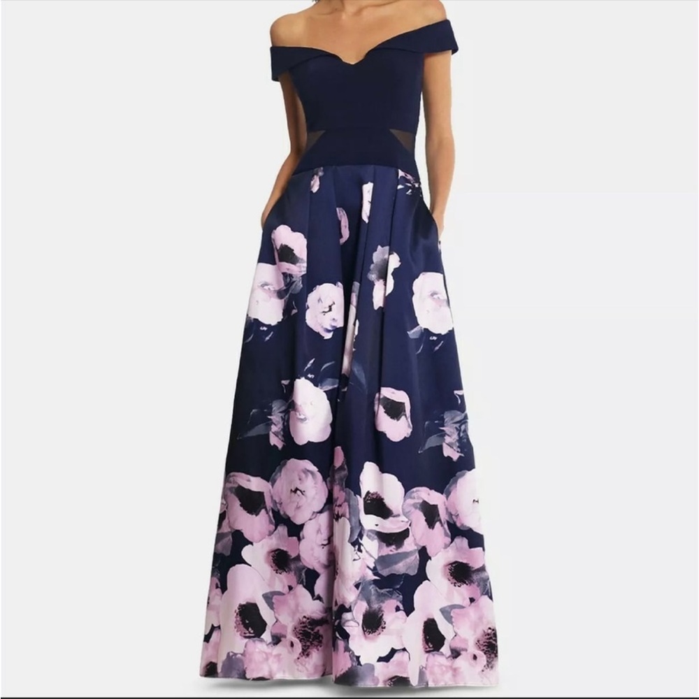 XSCAPE Off-The-Shoulder Floral-Print Floor Length Gown Size 4 Color Navy Floral